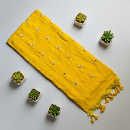 Yellow Floral Embroidery Mul saree