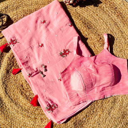 Pink Floral Embroidery Pure Mulmul Saree and Baby Pink Blouse