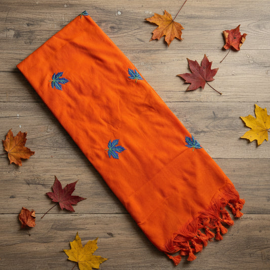 Orange Leaf Embroidery Cotton saree
