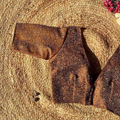 Brown Self Heavy Brocade Elbow Sleeves Deep V Neck Blouse- Fal3351