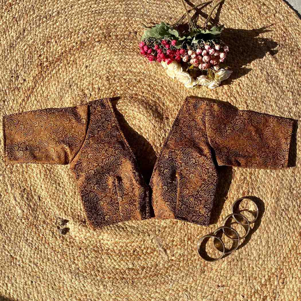 Brown Self Heavy Brocade Elbow Sleeves Deep V Neck Blouse- Fal3351