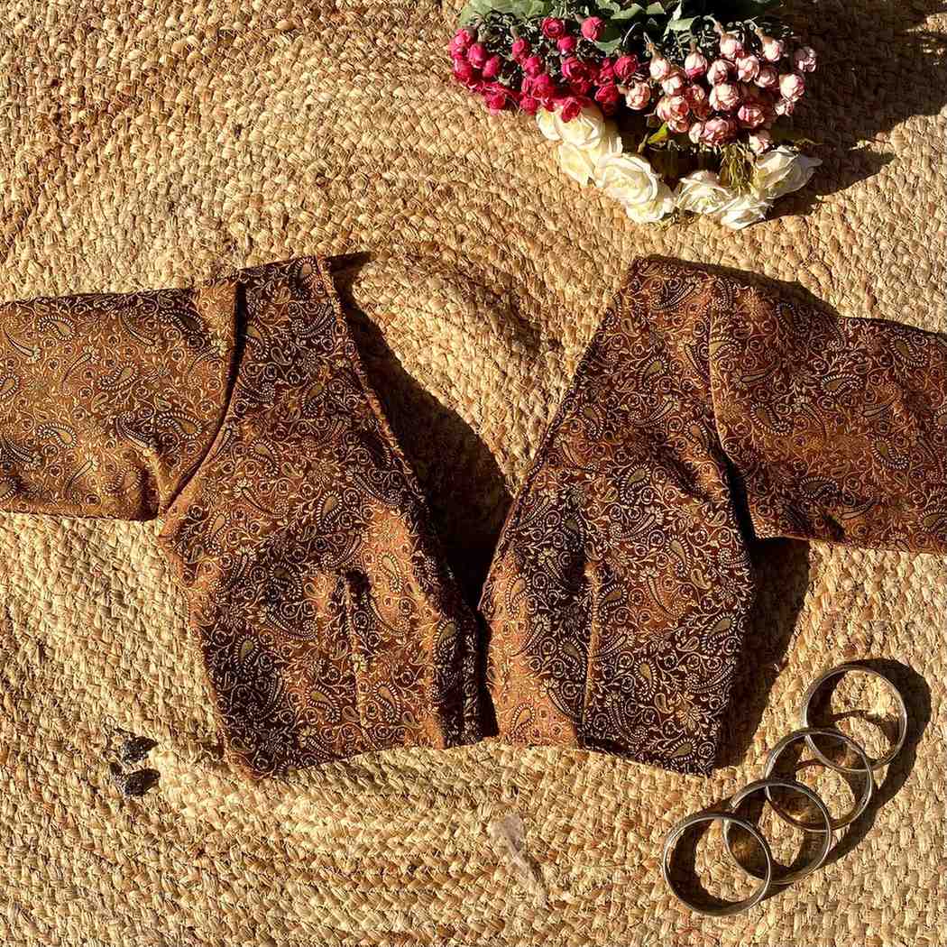 Brown Self Heavy Brocade Elbow Sleeves Deep V Neck Blouse- Fal3351