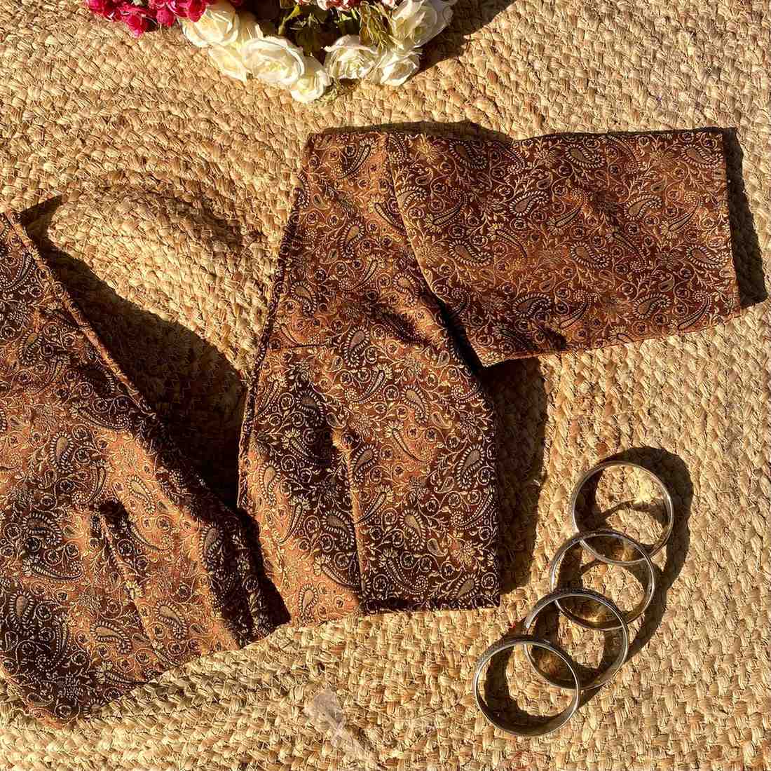 Brown Self Heavy Brocade Elbow Sleeves Deep V Neck Blouse- Fal3351