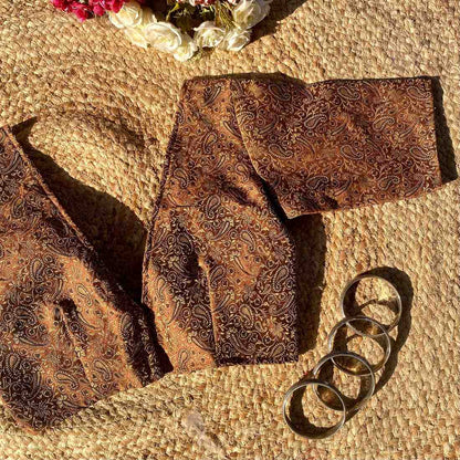 Brown Self Heavy Brocade Elbow Sleeves Deep V Neck Blouse- Fal3351