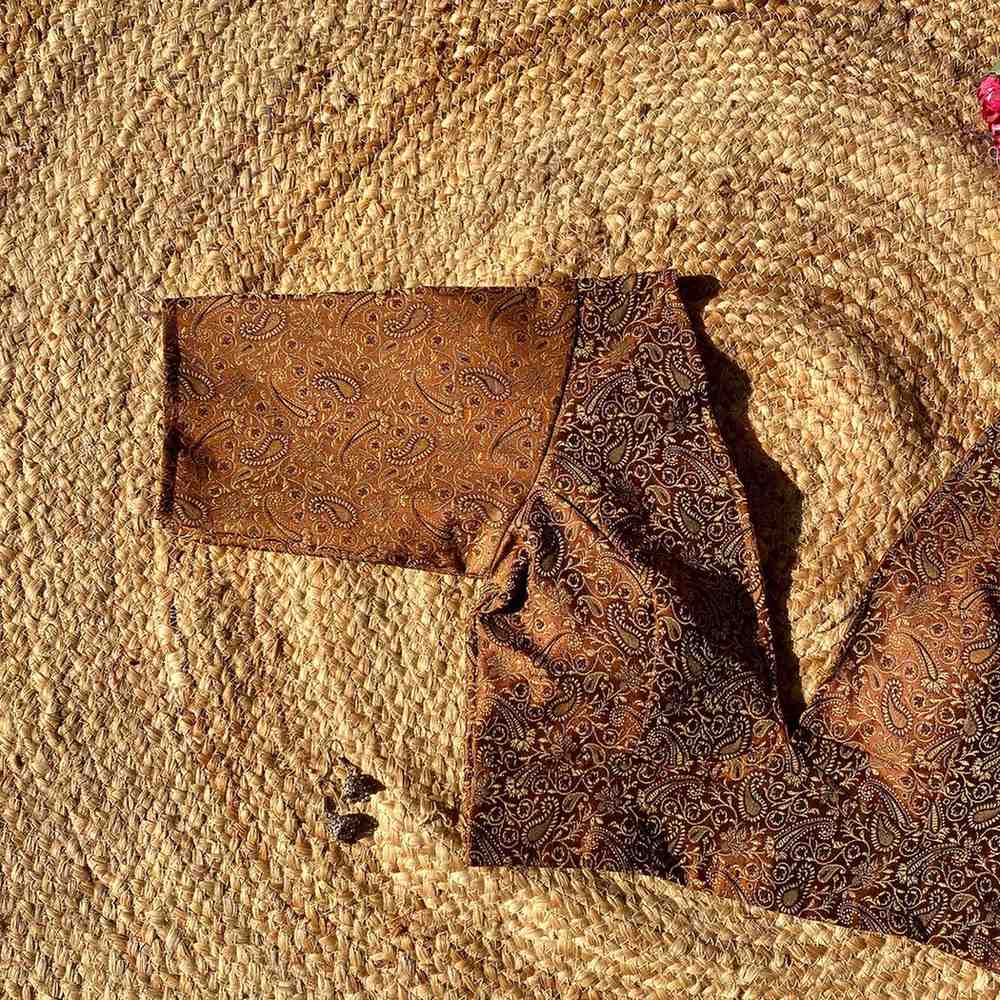 Brown Self Heavy Brocade Elbow Sleeves Deep V Neck Blouse- Fal3351