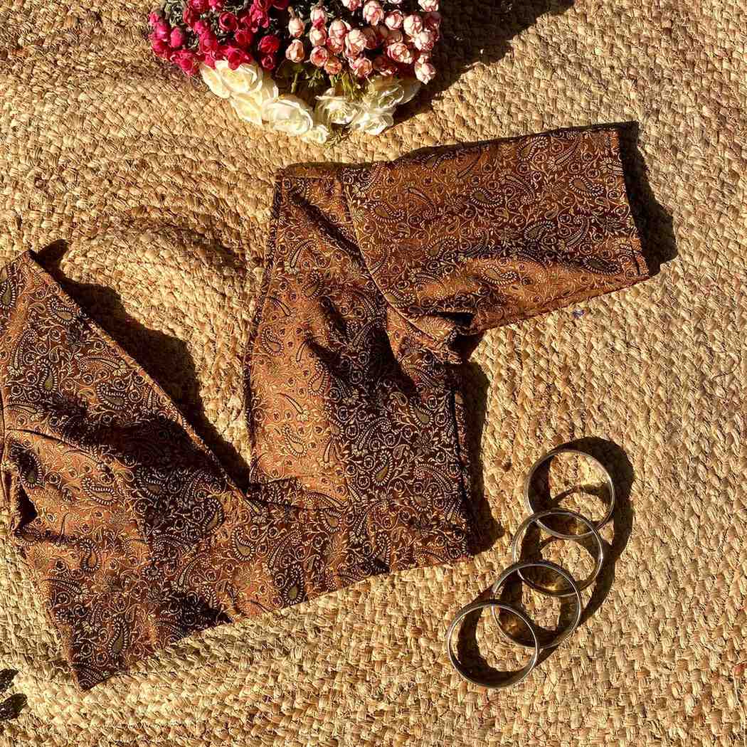 Brown Self Heavy Brocade Elbow Sleeves Deep V Neck Blouse- Fal3351