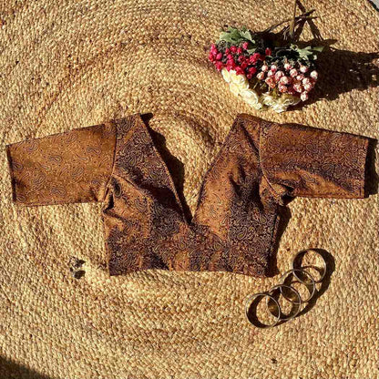 Brown Self Heavy Brocade Elbow Sleeves Deep V Neck Blouse- Fal3351