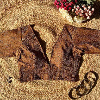Brown Self Heavy Brocade Elbow Sleeves Deep V Neck Blouse- Fal3351