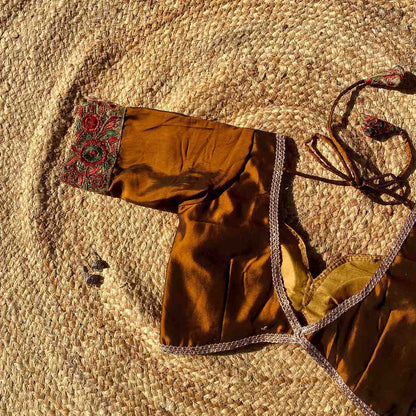 Metallic Brown Deep V Neck Silk Border Sleeves Blouse- Fal3350