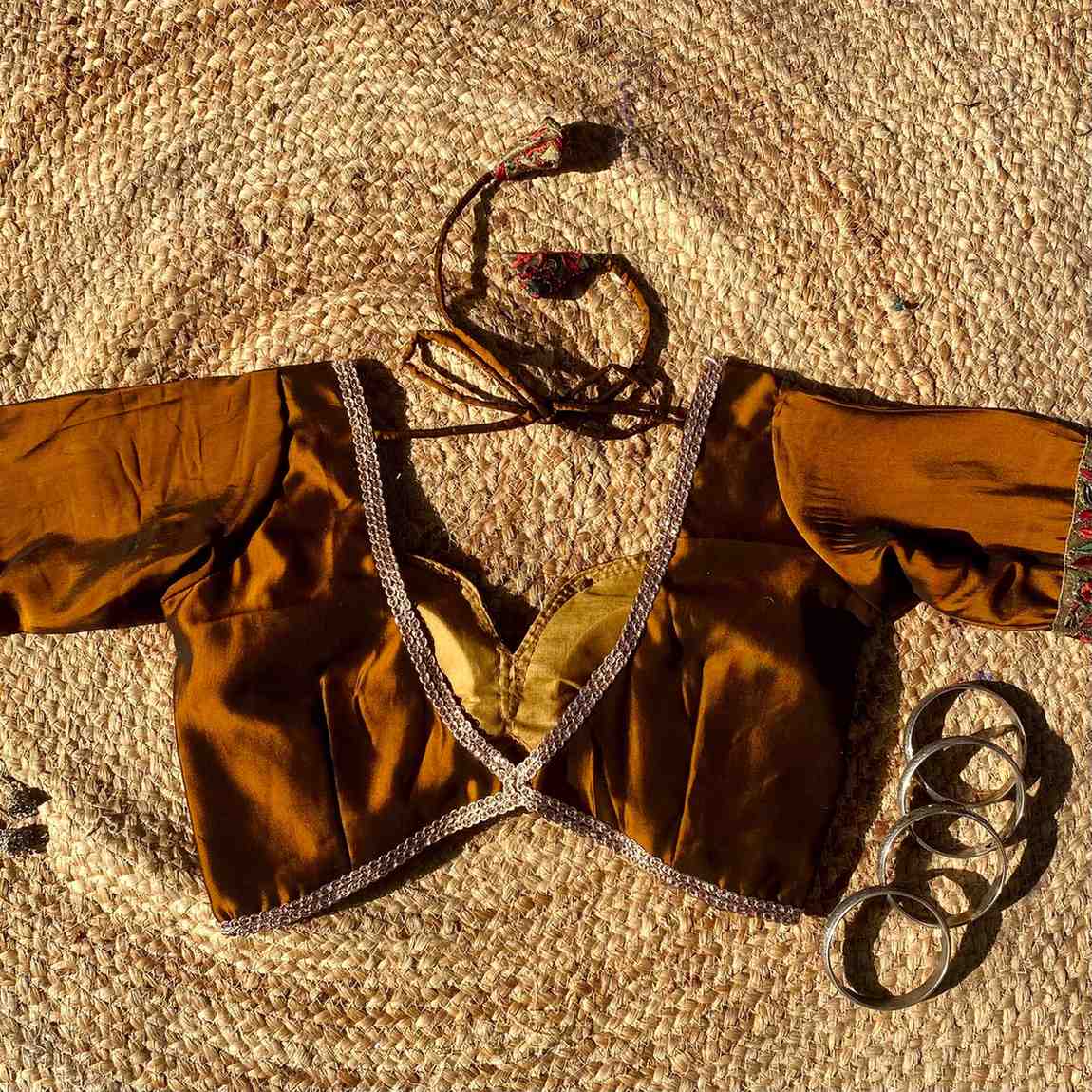 Metallic Brown Deep V Neck Silk Border Sleeves Blouse- Fal3350