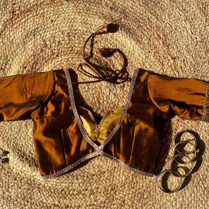 Metallic Brown Deep V Neck Silk Border Sleeves Blouse- Fal3350