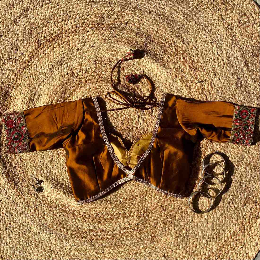 Metallic Brown Deep V Neck Silk Border Sleeves Blouse- Fal3350