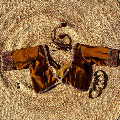 Metallic Brown Deep V Neck Silk Border Sleeves Blouse- Fal3350