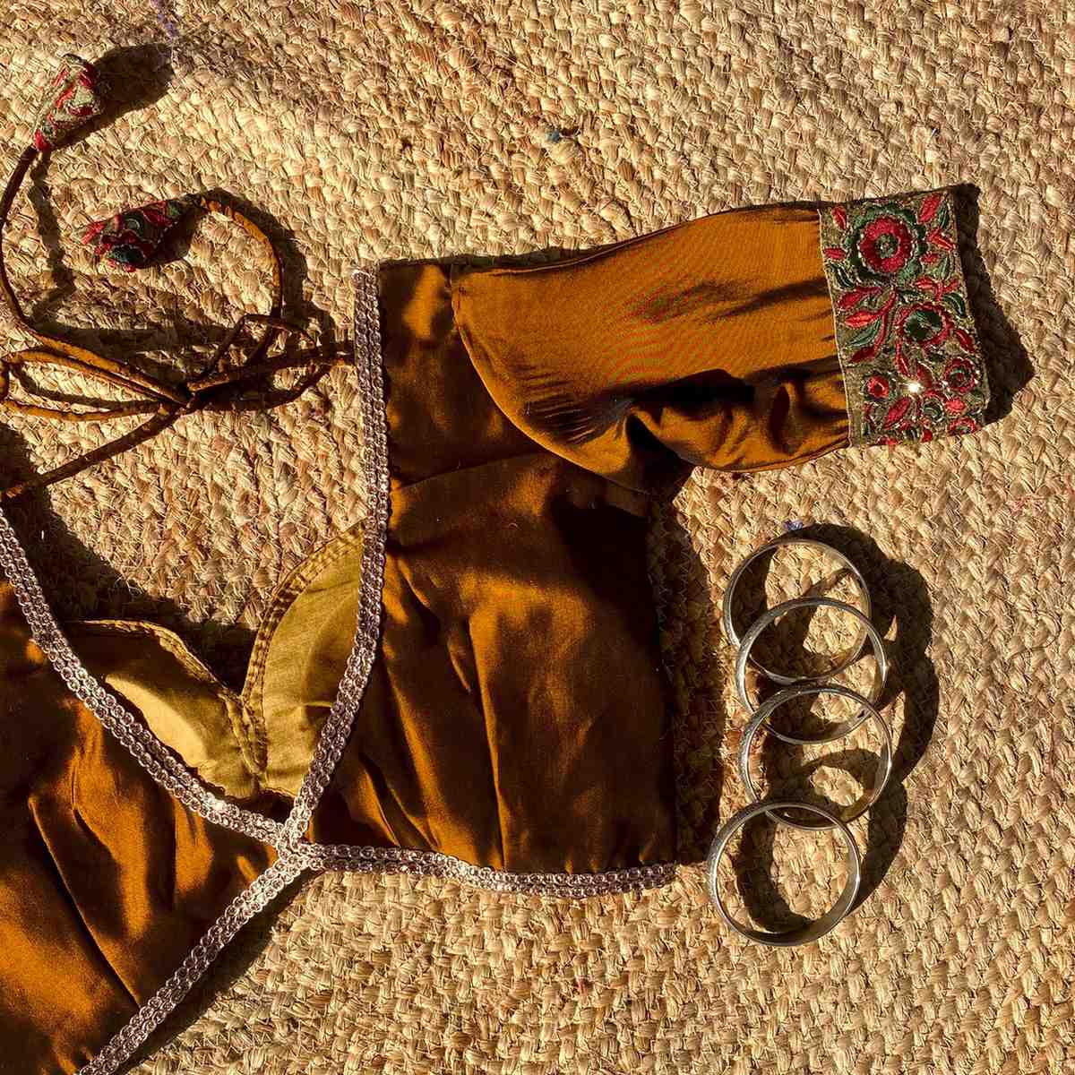 Metallic Brown Deep V Neck Silk Border Sleeves Blouse- Fal3350