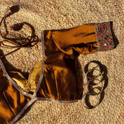 Metallic Brown Deep V Neck Silk Border Sleeves Blouse- Fal3350