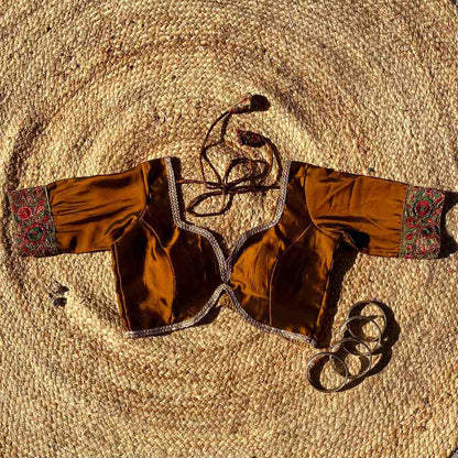 Metallic Brown Deep V Neck Silk Border Sleeves Blouse- Fal3350