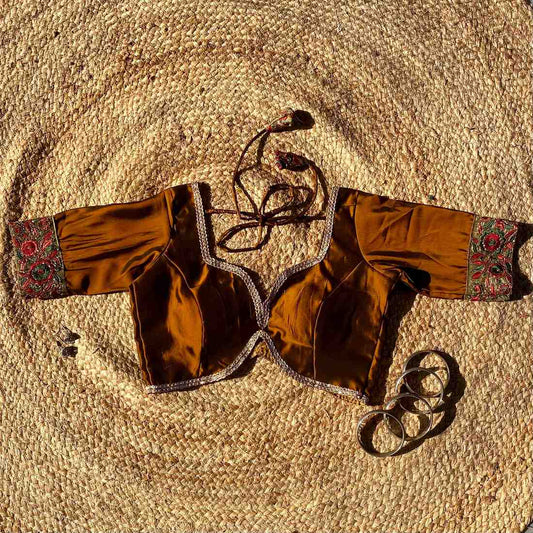 Metallic Brown Deep V Neck Silk Border Sleeves Blouse- Fal3350