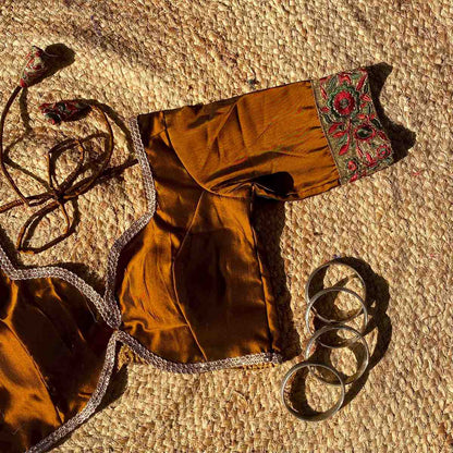 Metallic Brown Deep V Neck Silk Border Sleeves Blouse- Fal3350