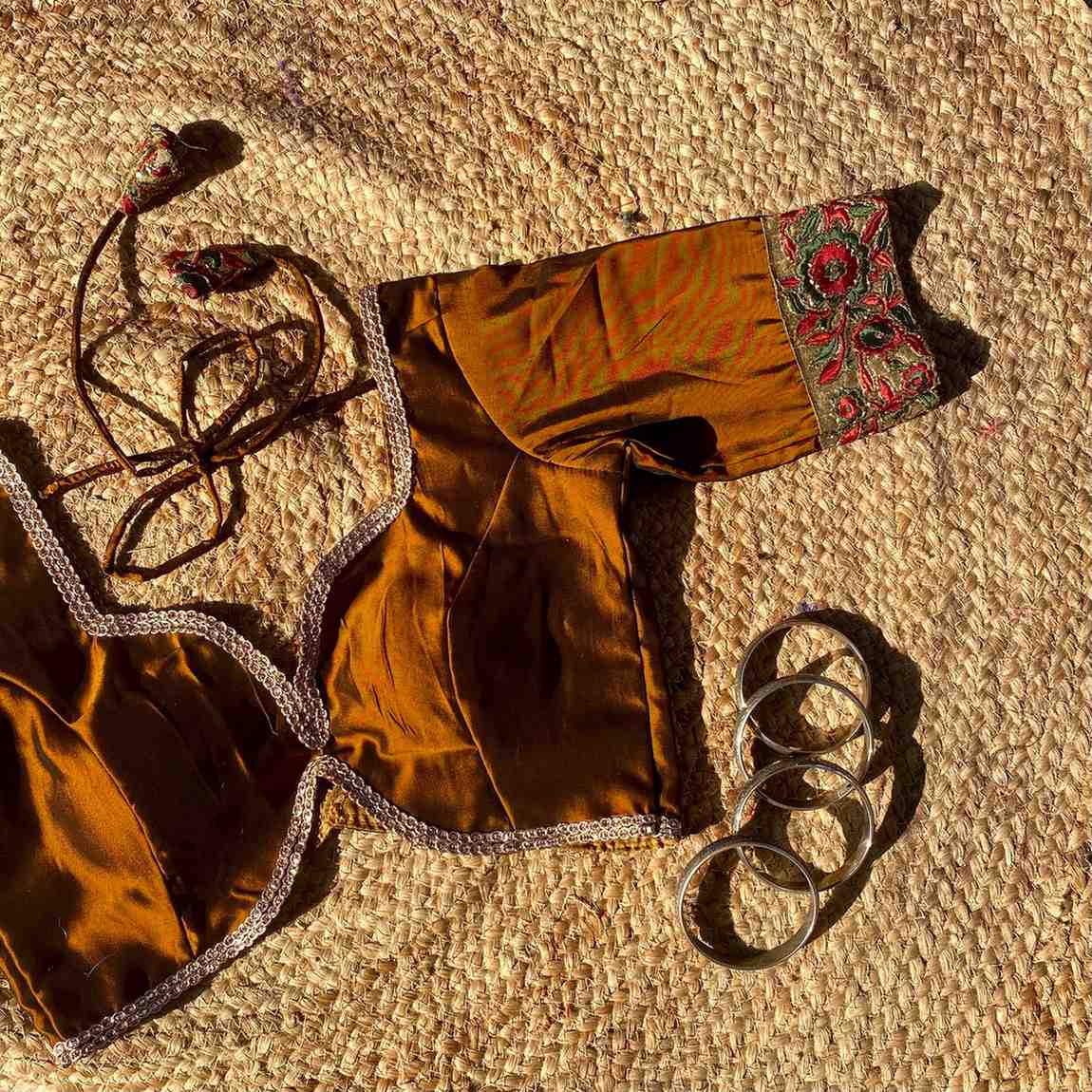 Metallic Brown Deep V Neck Silk Border Sleeves Blouse- Fal3350