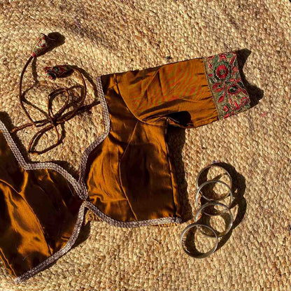 Metallic Brown Deep V Neck Silk Border Sleeves Blouse- Fal3350