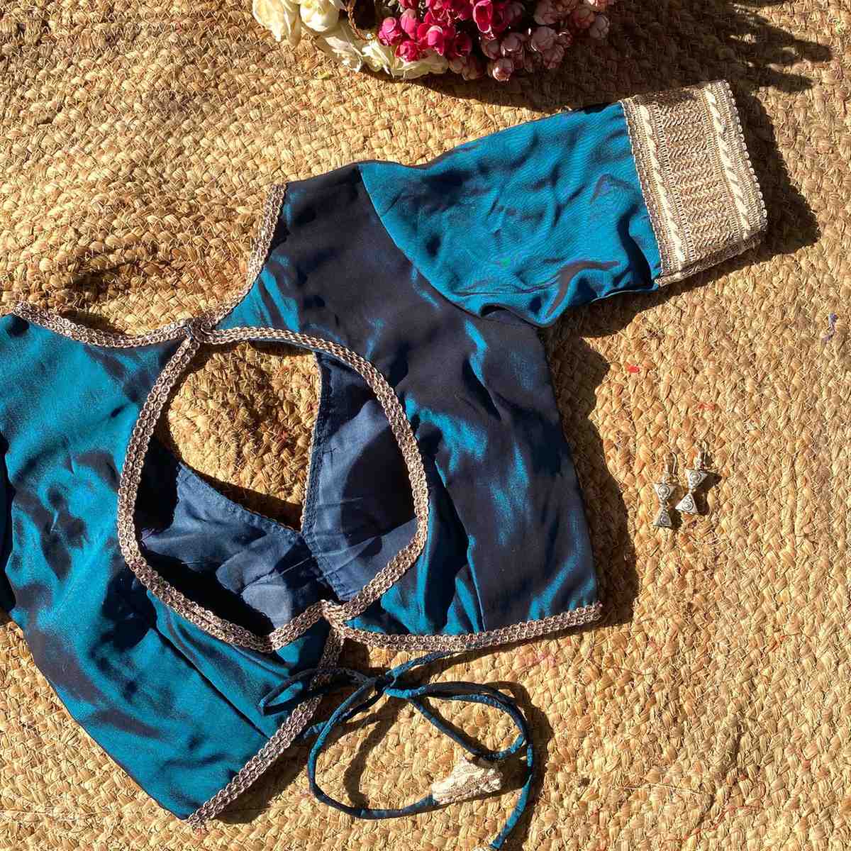 Metallic Turquoise Deep V Neck Silk Blouse- Fal3349