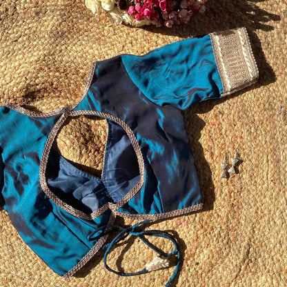 Metallic Turquoise Deep V Neck Silk Blouse- Fal3349