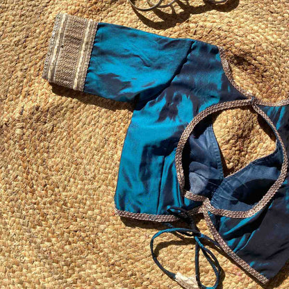 Metallic Turquoise Deep V Neck Silk Blouse- Fal3349