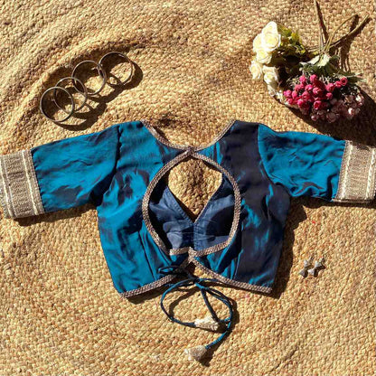 Metallic Turquoise Deep V Neck Silk Blouse- Fal3349